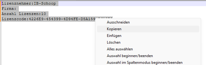 Lizenzcode kopieren